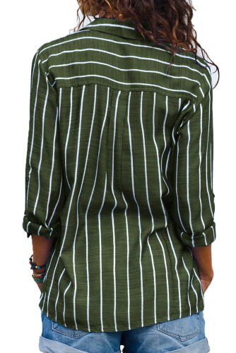 Olive Green Striped Roll Tab Sleeve Button Shirt