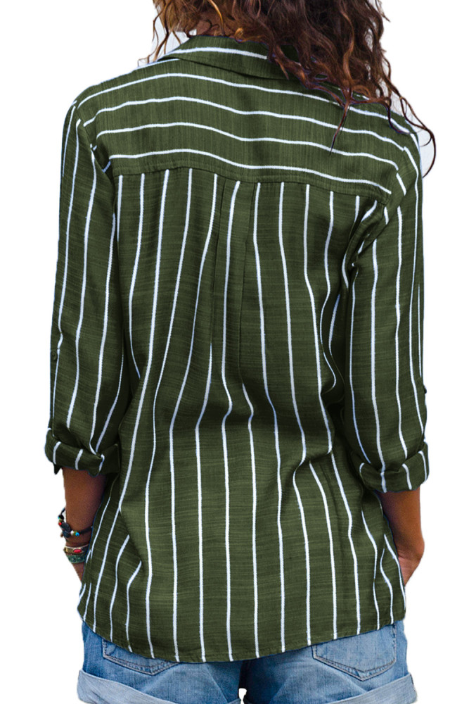 Olive Green Striped Roll Tab Sleeve Button Shirt