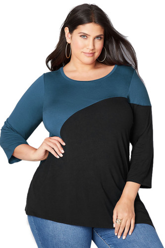 Teal Black Asymmetric Color Block Plus Size Top