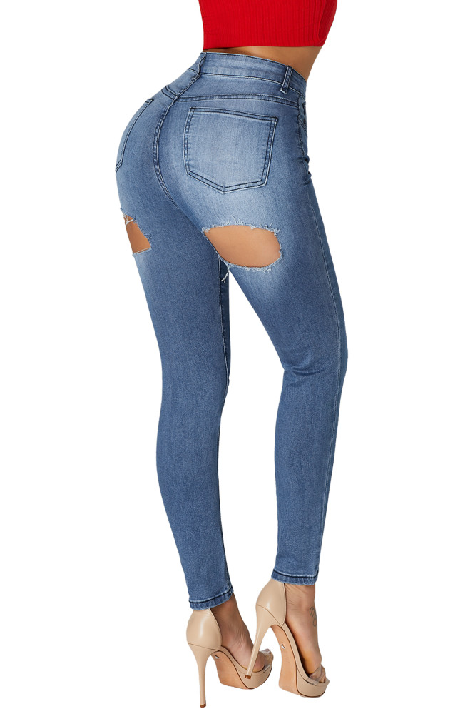 High Waist Bottom Ripped Hole Cut Jeans