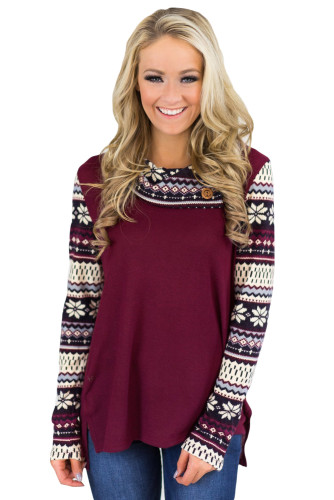 Christmas Snowflake Spliced Burgundy Sweatshirt