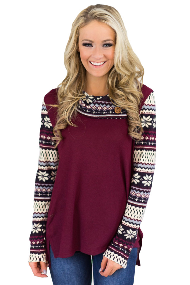 Christmas Snowflake Spliced Burgundy Sweatshirt