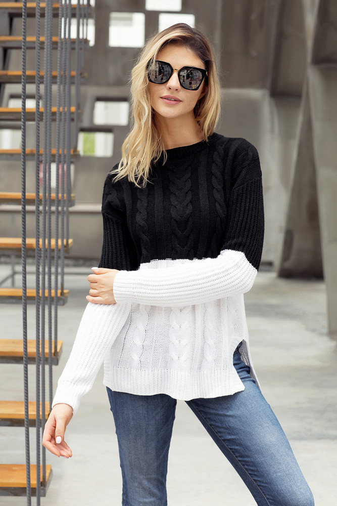 Black White Colorblock Cable Knit Sweater
