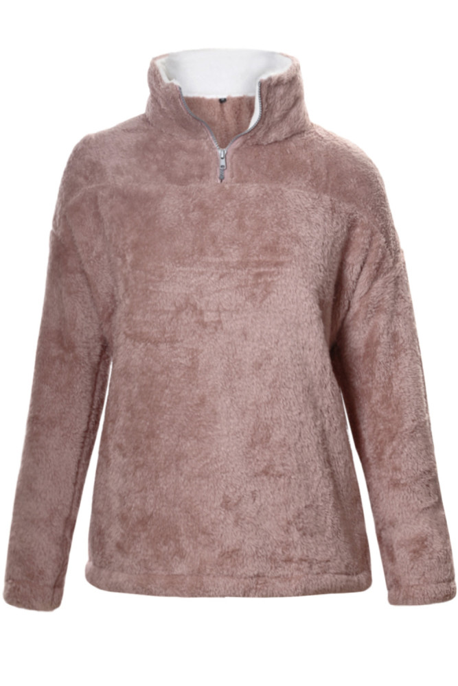 Dusty Pink Zipper Fleece Pullover Coat