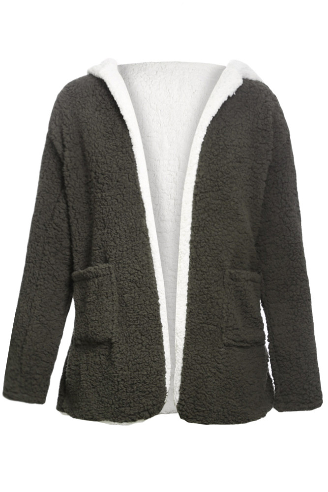 Dark Olive White Lam Wool Hooded Coat