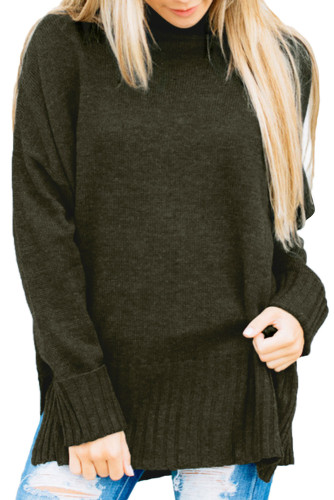 Khaki Green Turn-up Sleeve Turtle Neck Sweater