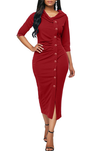 Stylish Red Button Up Front Slit Sheath Midi Dress