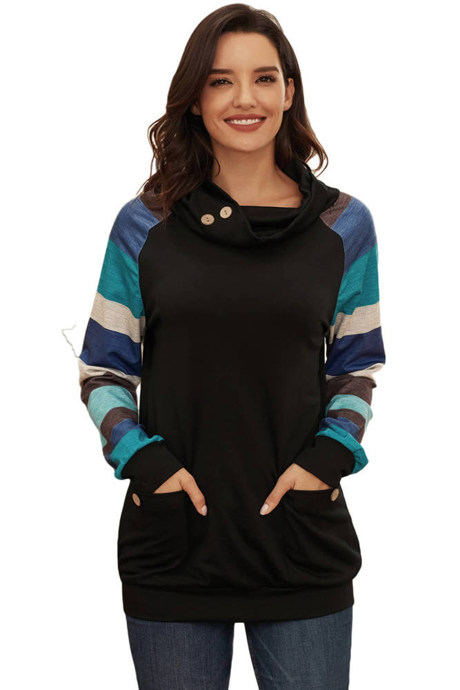 Multicolor Striped Raglan Sleeve Black Cowl Neck Sweatshirt