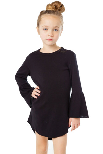 Black Flared Long Sleeve Shirttail Baby Girl Dress