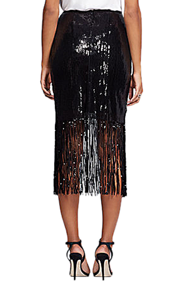Black Sequin Fringe Midi Skirt