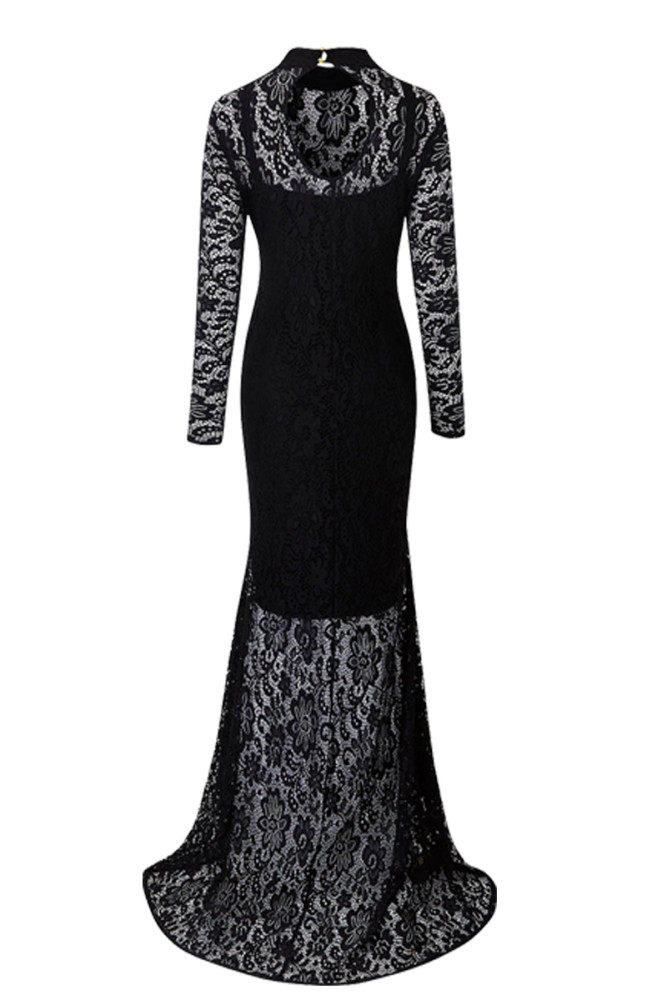 Black Plus Size High Neck Lace Fishtail Maxi Dress