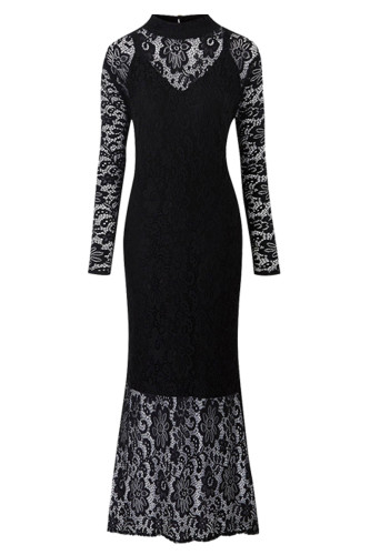 Black Plus Size High Neck Lace Fishtail Maxi Dress