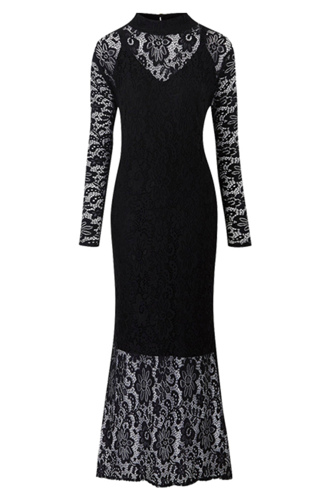 Black Plus Size High Neck Lace Fishtail Maxi Dress