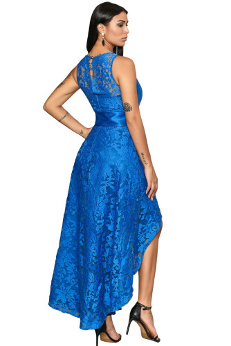 Royal Blue Sleeveless Lace Overlay Bow Sash Party Dress