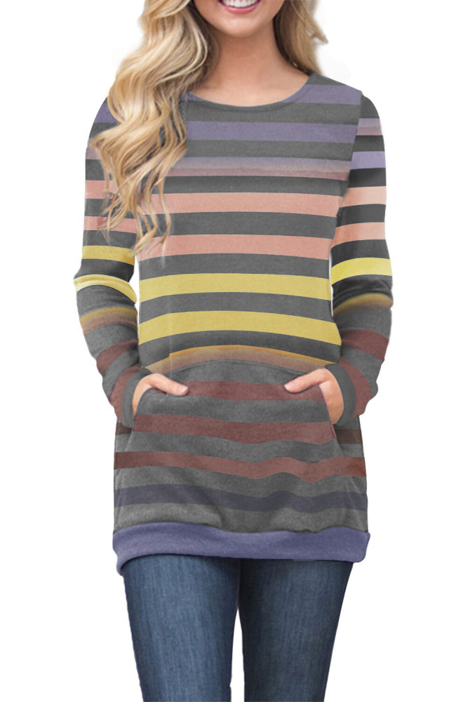 Purple Yellow Color Gradation Striped Sweatshirt