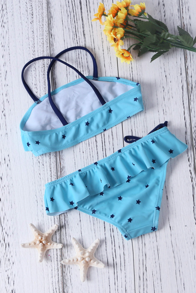 Little Stars Print Turquoise Little Girls Bikini
