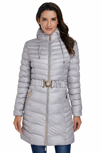 Gray Hooded Longline Winter Coat with Belt