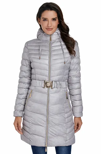 Gray Hooded Longline Winter Coat with Belt