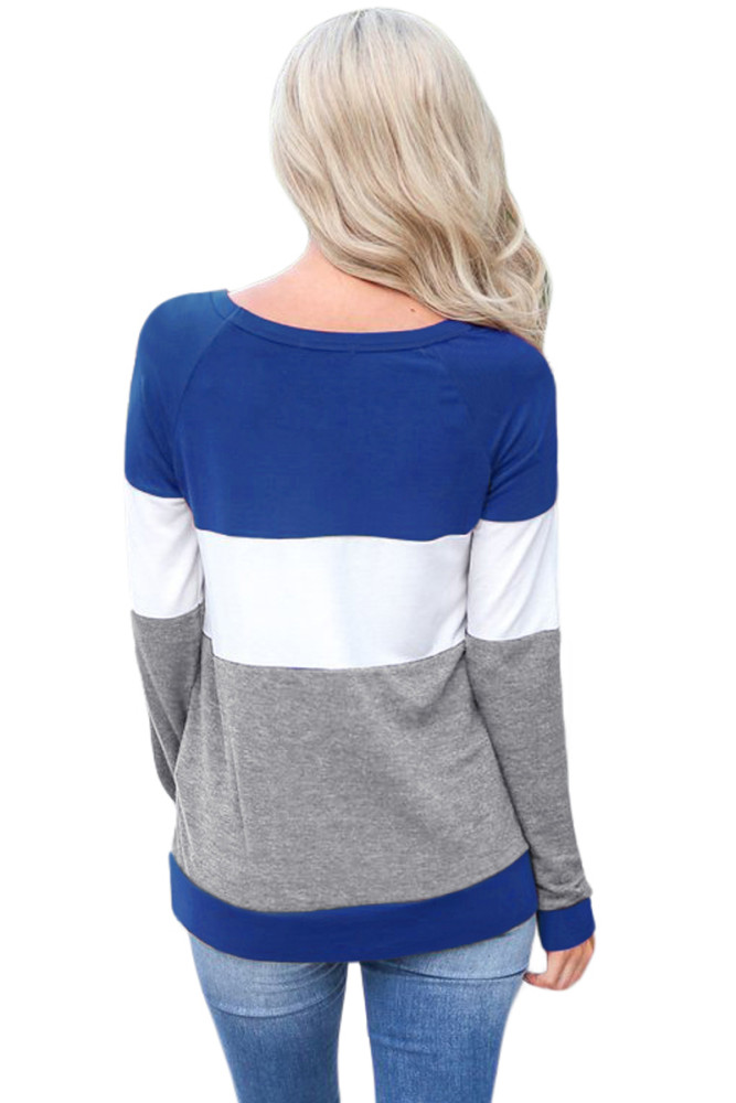 Blue White Gray Colorblock Long Sleeve Top
