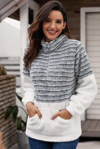 Navy Fuzzy Striped Furry Sweatshirt