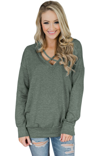 Green V Neck Criss Cross Long Sleeve Sweatshirt