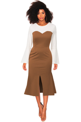 Long Bell Sleeve Brown Sweetheart Patchwork Midi Dress