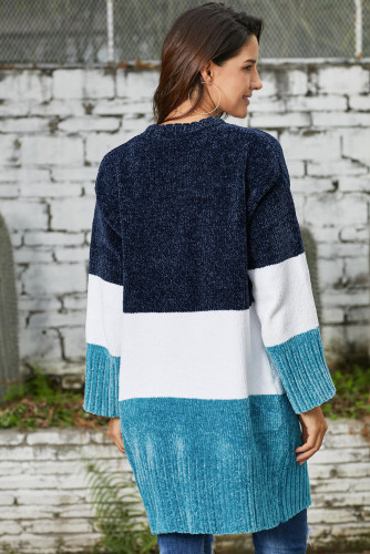 Blue White Colorblock Velvet Chenille Sweater Cardigan
