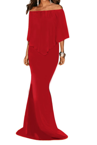 Red Off Shoulder Overlay Ruffle Evening Dress