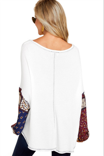 Tribal Print Bishop Sleeve White Knit Top