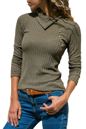 Olive Green Ribbed Knit Turn Down Collar Top