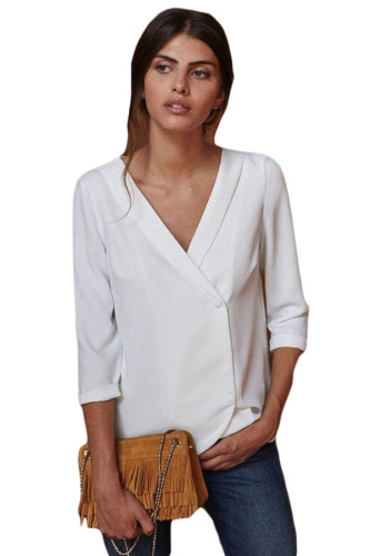 White Button Back Lapel V Neck Blouse