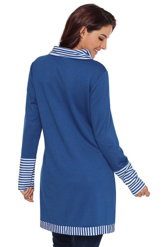 Navy Asymmetric Striped Cowl Neck Top