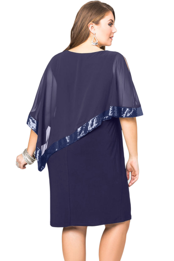 Navy Blue Sequined Mesh Overlay Plus Size Poncho Dress
