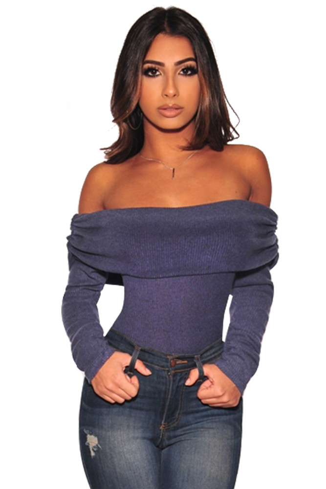Blue Ribbed Knit Overlay Off Shoulder Bodysuit