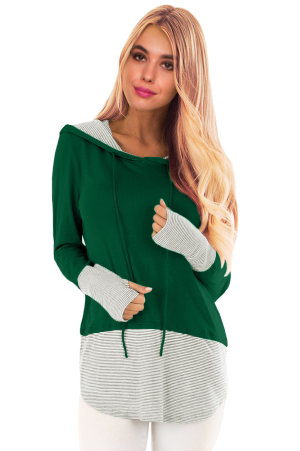 Pinstriped Patchwork Green Thumbhole Sleeved Hoodie