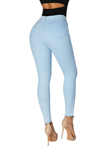Light Blue Trendy Slit Knee Denim Pants