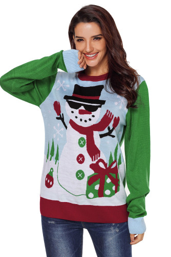 Cool Snowman Christmas Sweater with Green Sleeves