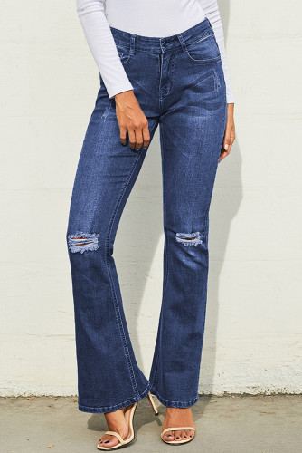 Ripped Knee Detail Blue Flared Jeans