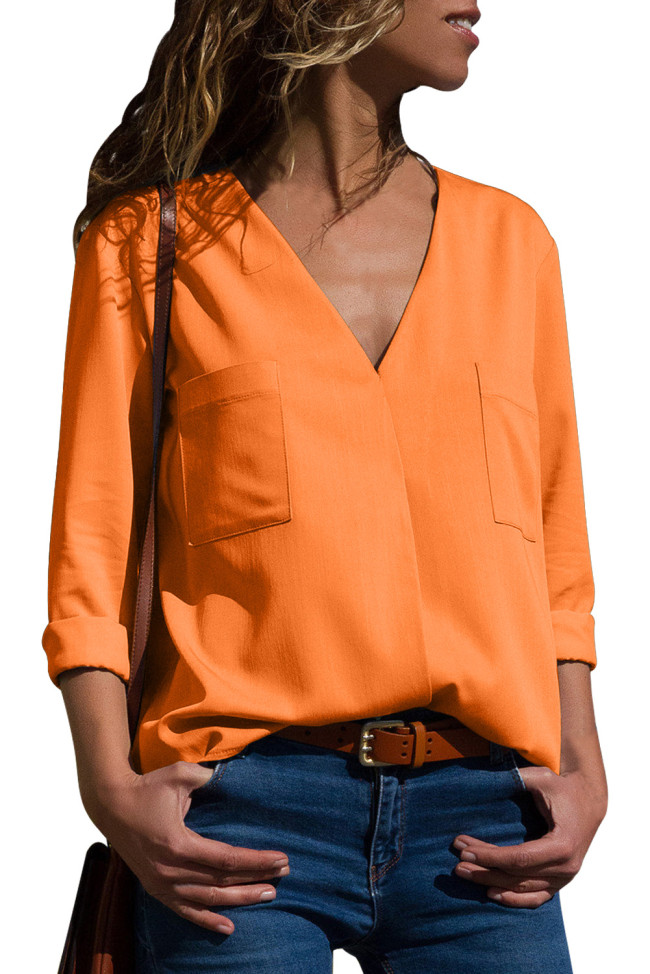 Orange Pockets V-Neck Long Sleeve Blouse
