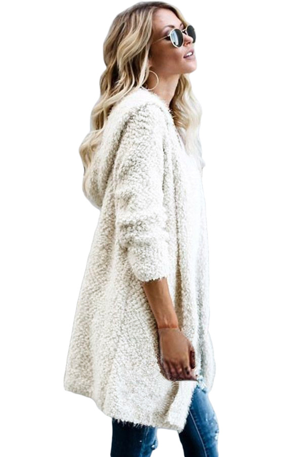White Fluffy Hooded Open Front Cardigan