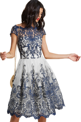 Dreamy Navy White Lace Embroidered Prom Dress