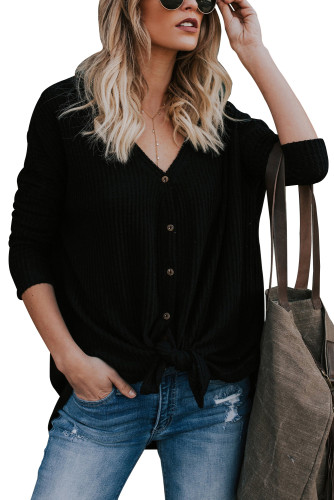 Black Waffle Knit Button Front Blouse
