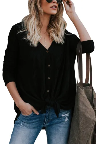 Black Waffle Knit Button Front Blouse