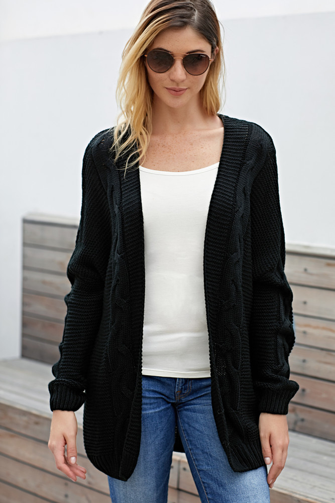 Black Chunky Wide Long Sleeve Knit Cardigan