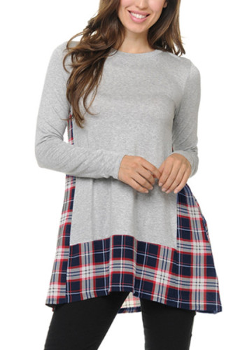 Gray Plaid Patchwork Long Sleeve Tunic Top