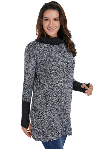 Dark High Collar Long Sleeve Knitted Stitching Sweater