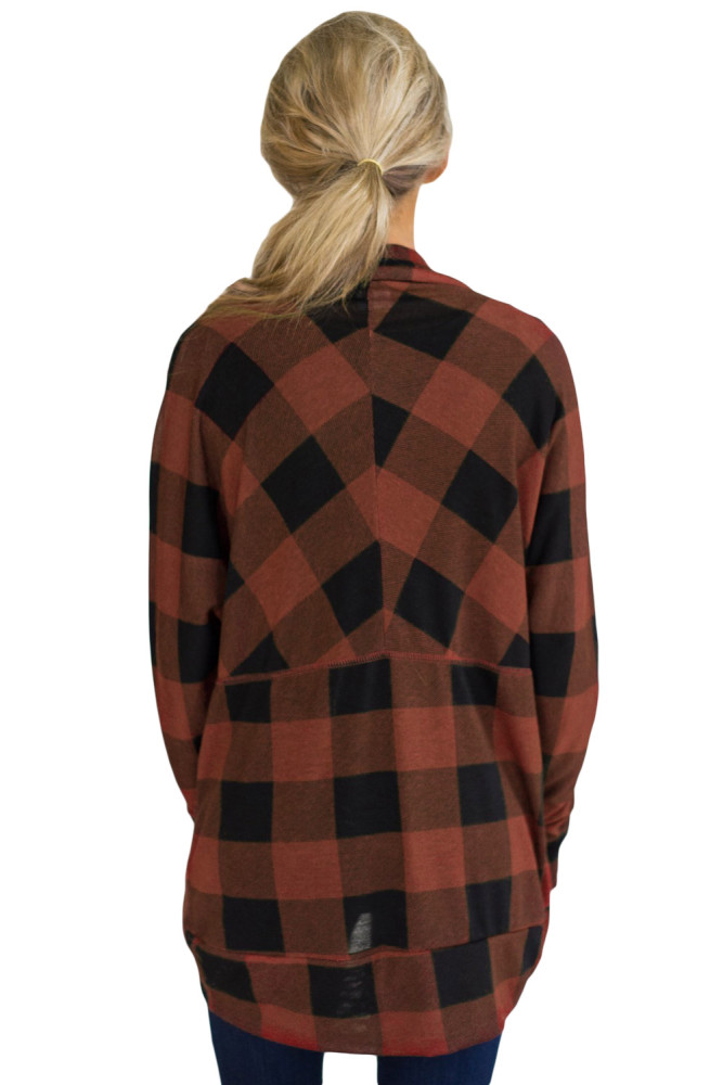 Red Open Front Irregular Lattice Print Ladies Cardigan Coat
