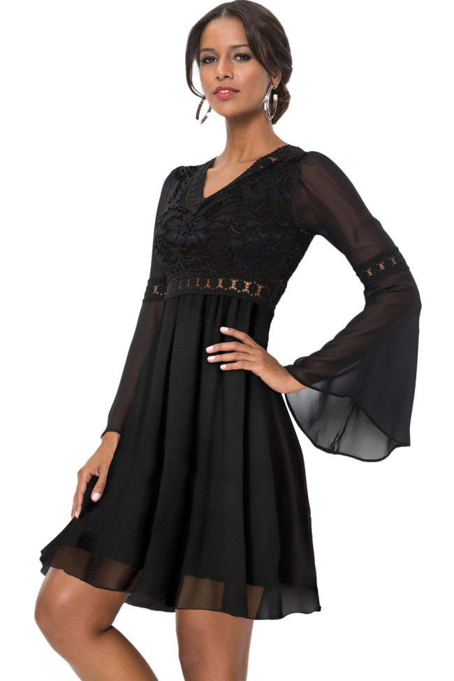 Black Lace Chiffon Patchwork Bell Sleeve Dress