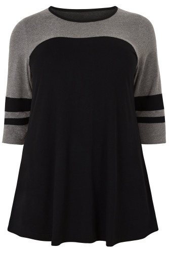 Black Charcoal Color Block Quarter Sleeved Plus Size Top
