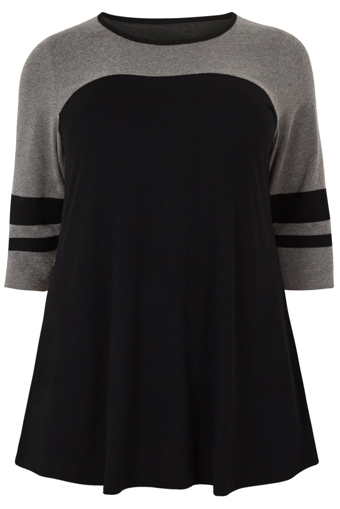 Black Charcoal Color Block Quarter Sleeved Plus Size Top